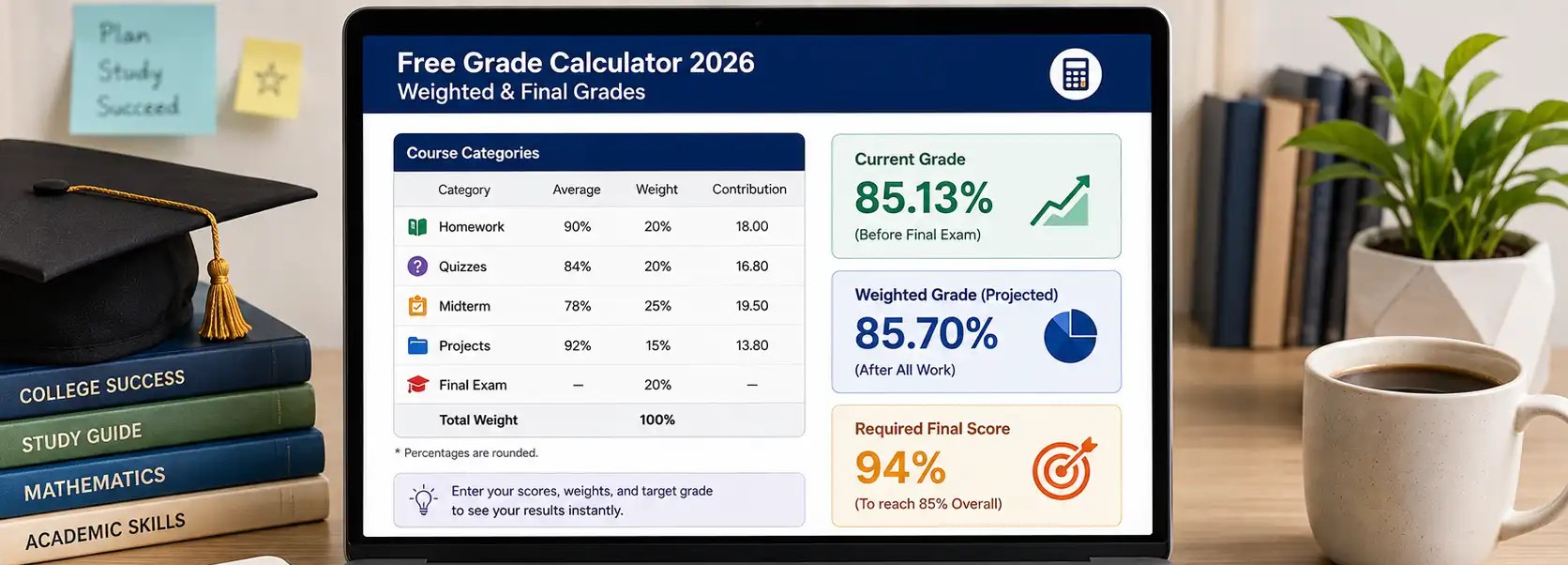 Free Grade Calculator 2026: Weighted & Final Grades